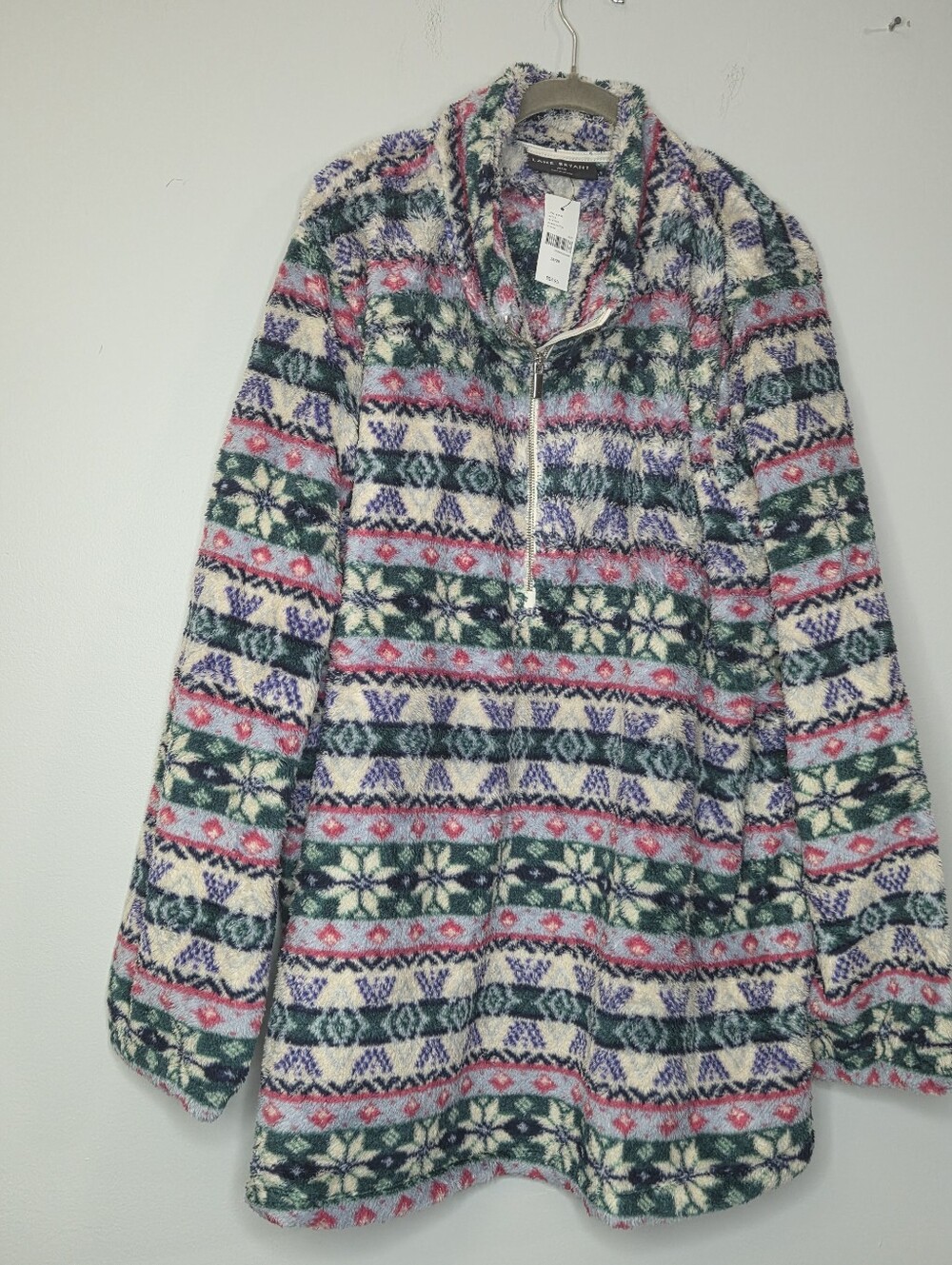 Lane Bryant Plush Fair Isle Half-Zip Pullover - Green & Pink, Sz 26/28 NWT